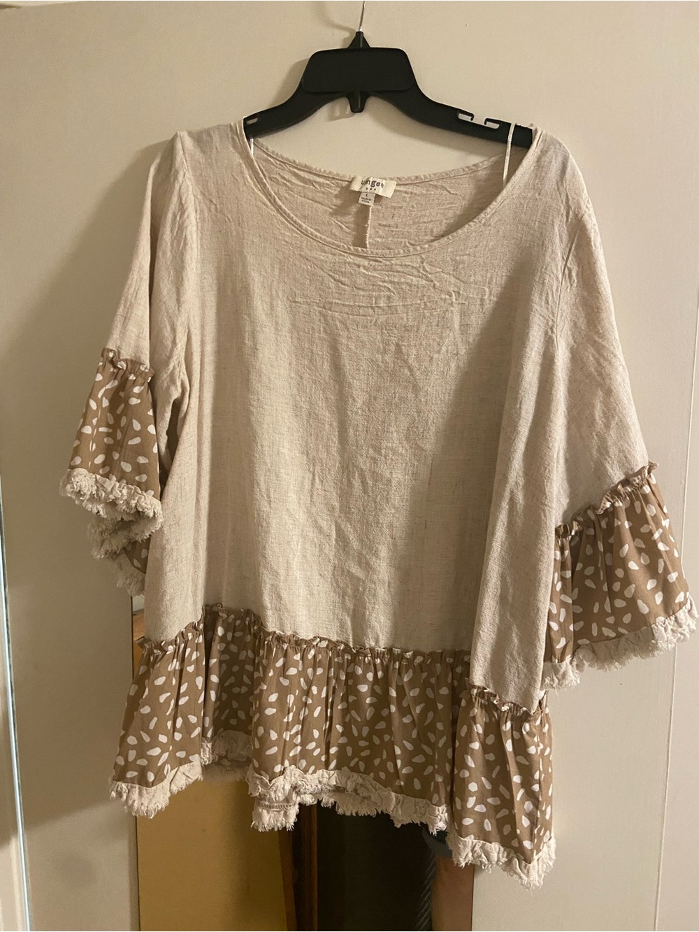 Umgee Cream Tunic with Tan Printed Ruffle Trim